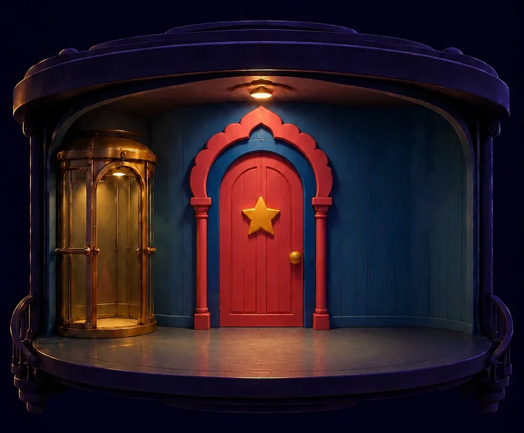 Ilustração do quarto dos irmãos Divikids: porta vermelha com estrela, tenda de brinquedo e foguete de brinquedo
