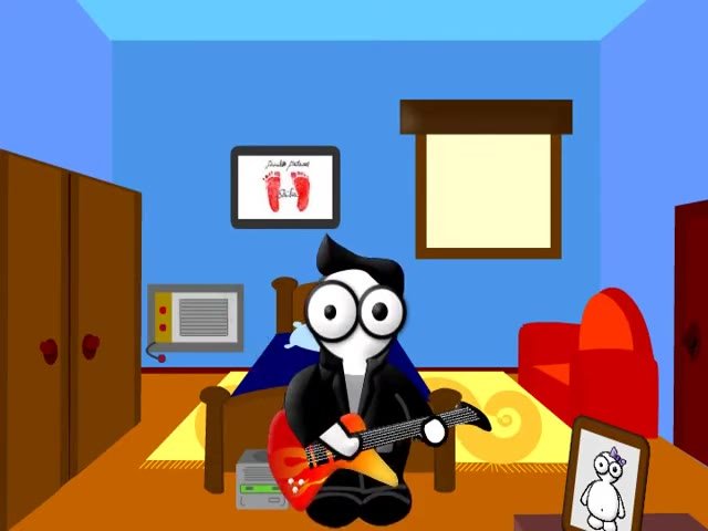 Arnaldo em 2008, em desenho vetorial, sentado num quarto azul