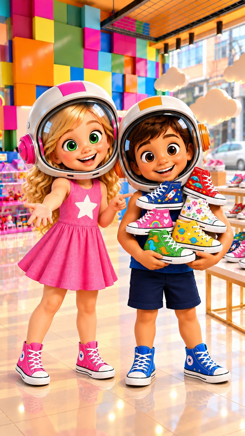 Luna e Leo com capacetes de astronauta na loja Divikids, na fase mais recente, de outubro de 2026